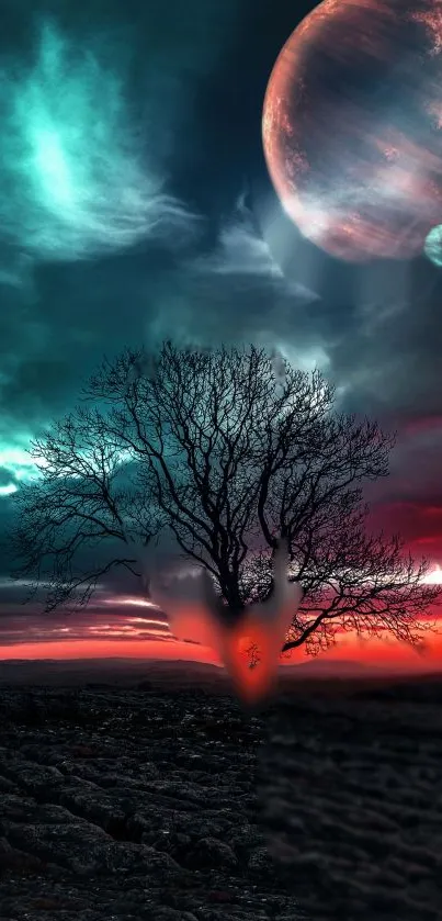 Surreal landscape with tree, planets, and colorful sky.