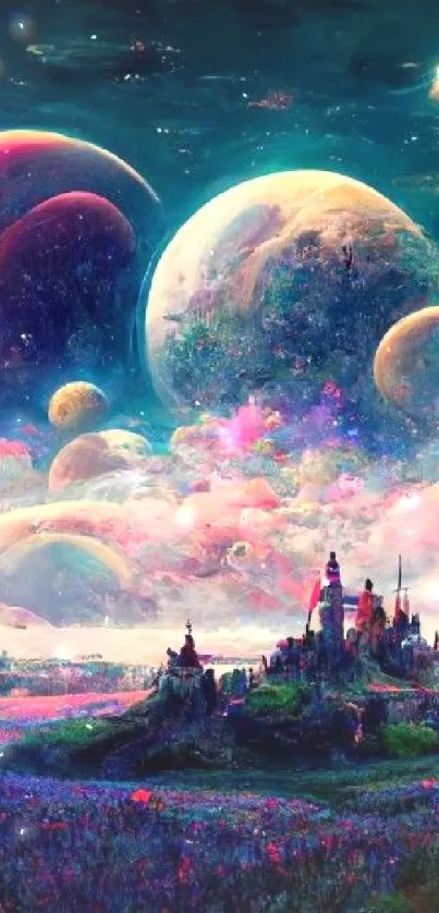 Surreal fantasy landscape with colorful planets and a mystical castle.