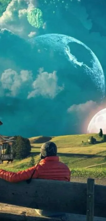 Surreal wallpaper of planets over countryside.