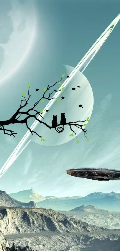 Cosmic landscape with trees and planets in the sky, showcasing a surreal fantasy theme.
