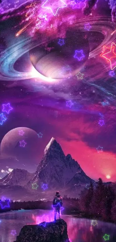 Surreal cosmic landscape with nebulae and planets above mountains.