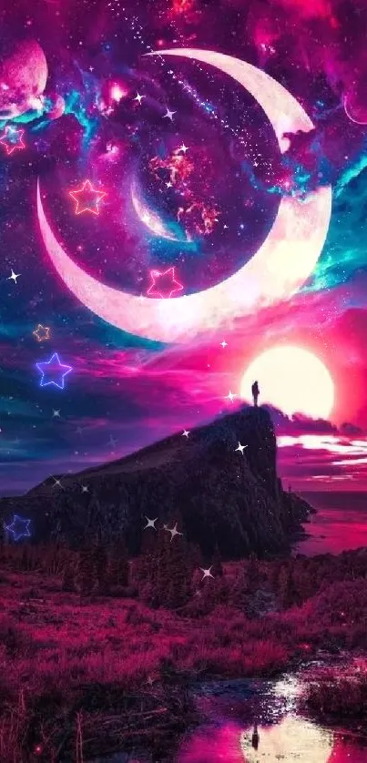 Surreal cosmic landscape with vibrant crescent moon and galaxy.