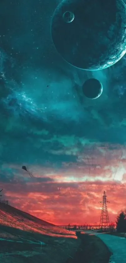 Surreal cosmic landscape with planets and horizon.