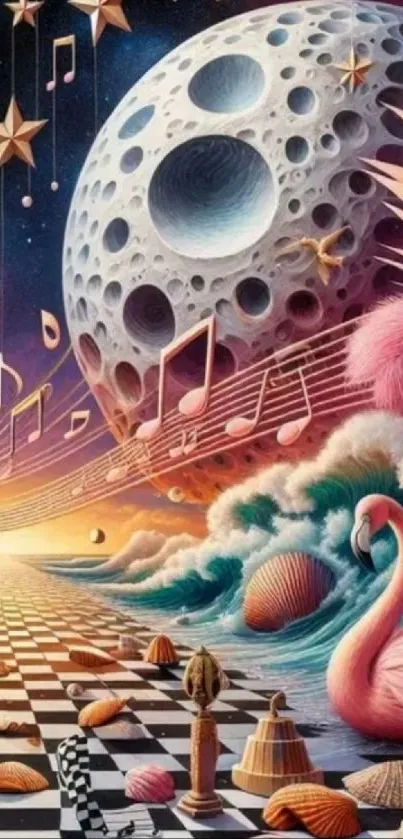 Surreal cosmic wallpaper with moon and waves in vibrant colors.