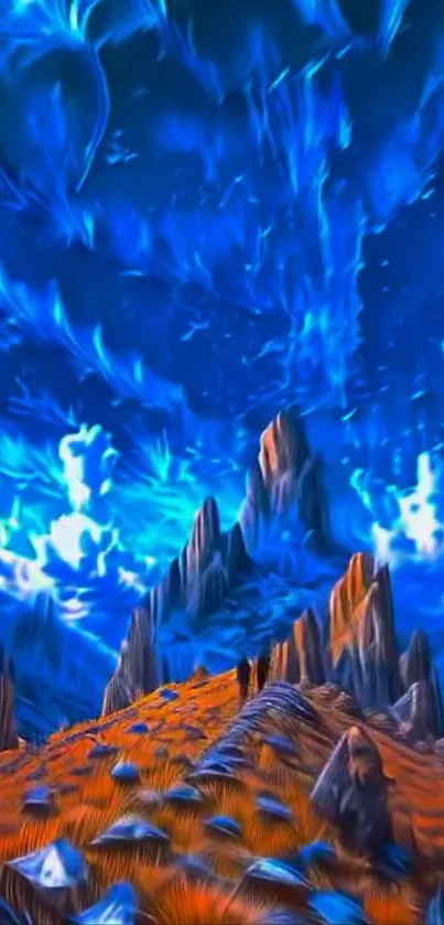 Surreal mountain under vivid blue cosmic sky.