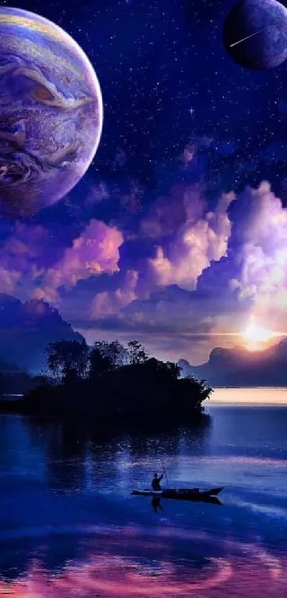 Surreal lake scene with planets and purple night sky in dreamy artwork.