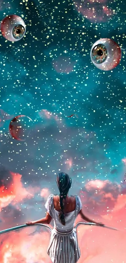 Futuristic dreamscape wallpaper with cosmic eyes and vibrant colors.