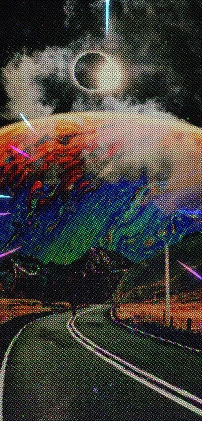 Surreal cosmic landscape with road and colorful planet.