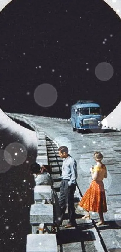 Surreal roadway under a cosmic black sky with stars and people on a bridge.