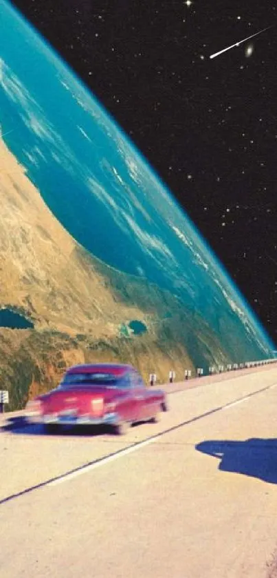 Surreal road leading into space with vintage cars and earth in view.