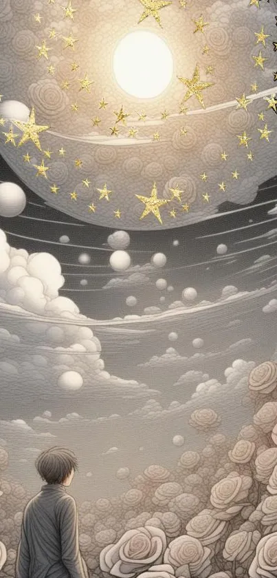 Surreal scene with a person in a rose field under a celestial sky.