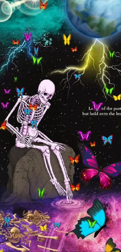 Surreal cosmic wallpaper with skeleton and butterflies.