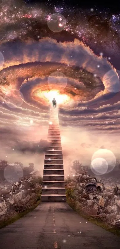 Surreal stairway leads to a glowing cosmic vortex with dramatic clouds.