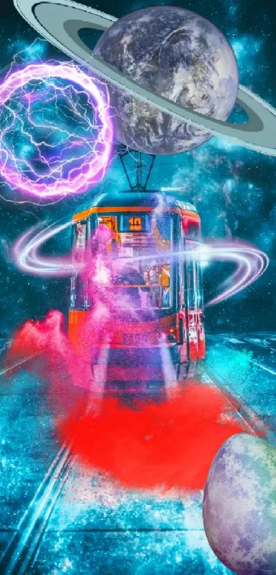 Surreal cosmic tram journey with planets and vibrant colors.