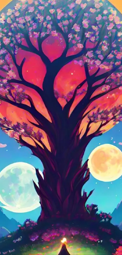 Surreal cosmic tree with moons in vibrant colors.