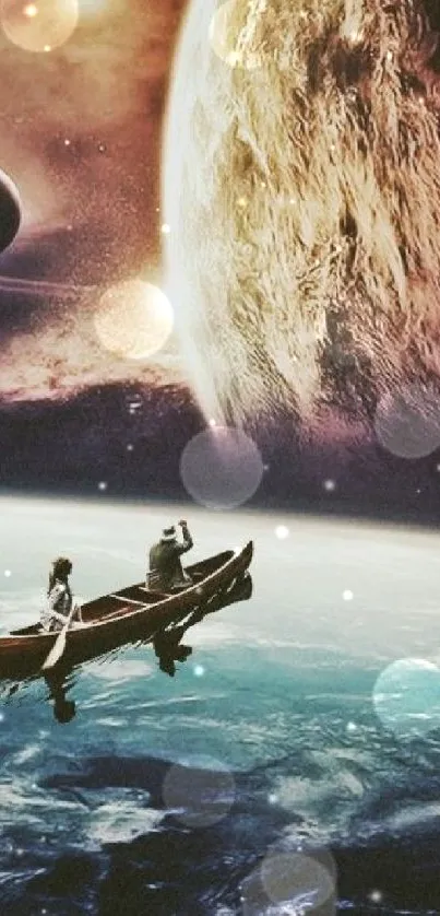 Surreal cosmic wallpaper with planets and a boat journey.