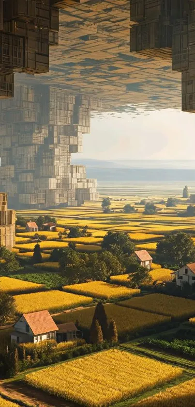 Surreal futuristic landscape with fields and architecture.