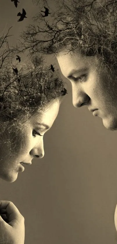 Surreal portrait of a couple with tree-like hair design.