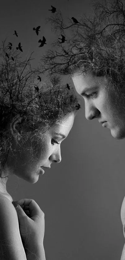 Surreal black and white wallpaper with intertwined couple and tree branches.