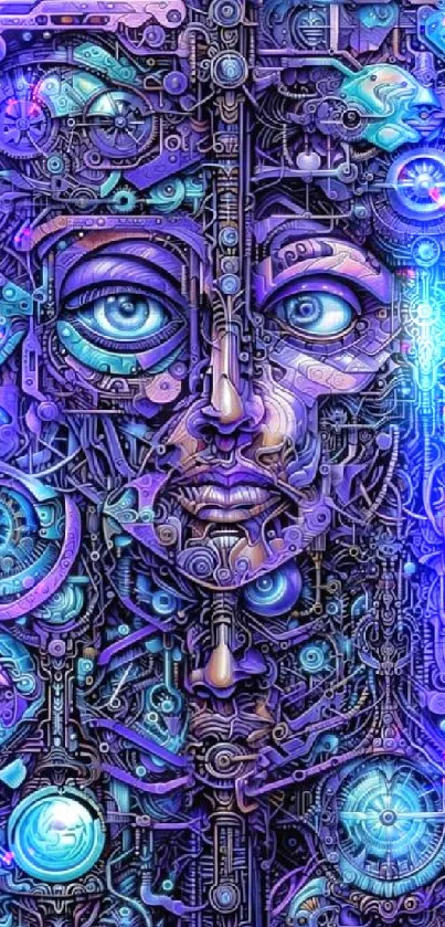 Surreal cybernetic face with purple and blue tones in intricate design.