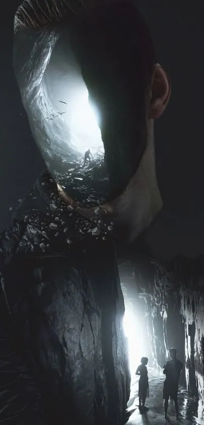 Surreal artwork of a figure with a cave and silhouette path.