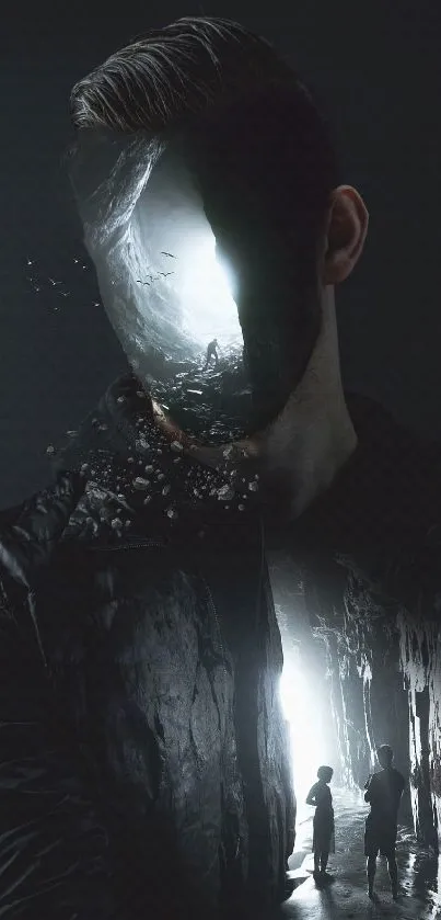 Surreal wallpaper with dark figure and light cavern.