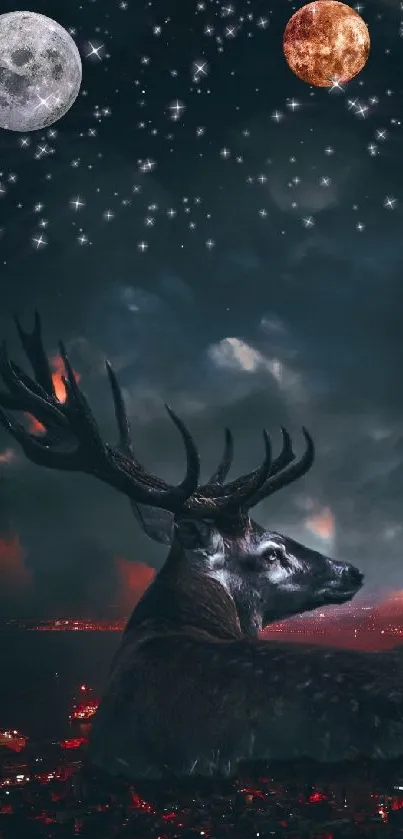 Deer under a starry sky with multiple moons in a surreal scene.