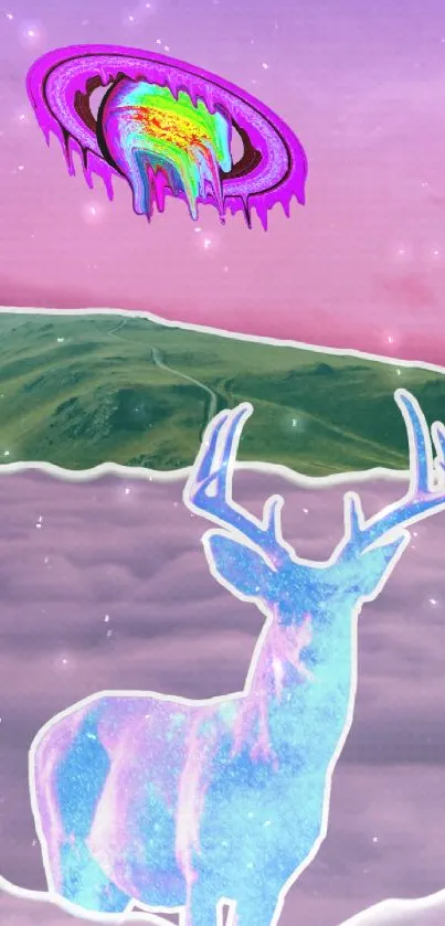 Surreal wallpaper with deer and melting planet in pink dreamscape.