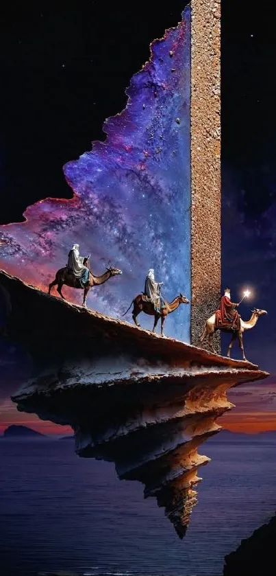 Travelers on camels against a surreal desert galaxy backdrop.