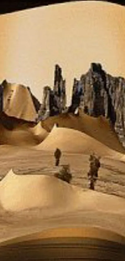 Surreal desert landscape with sandy dunes and rocky formations.