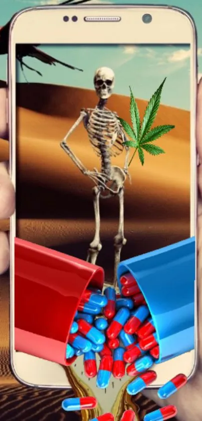 Surreal desert phone wallpaper with skeleton and pills.