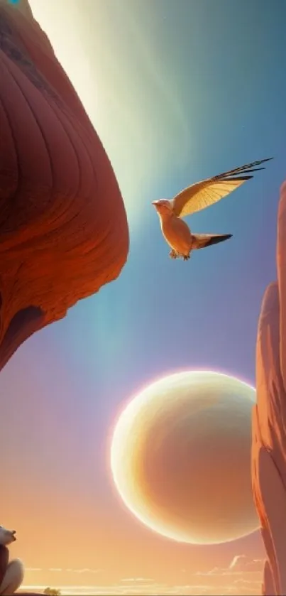 Surreal desert planet scene with bird.