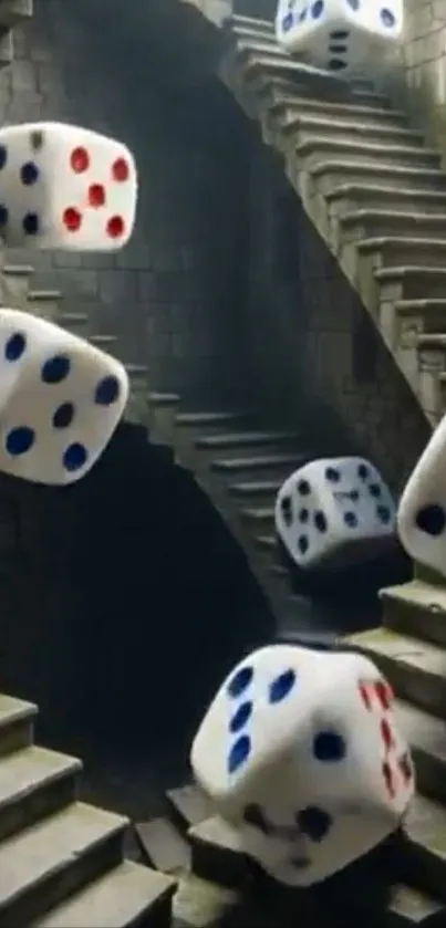 Surreal staircase with floating dice creating an abstract scene.