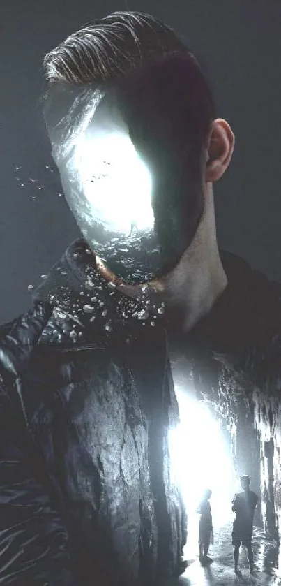 Surreal digital art with faceless man and light in dark theme.