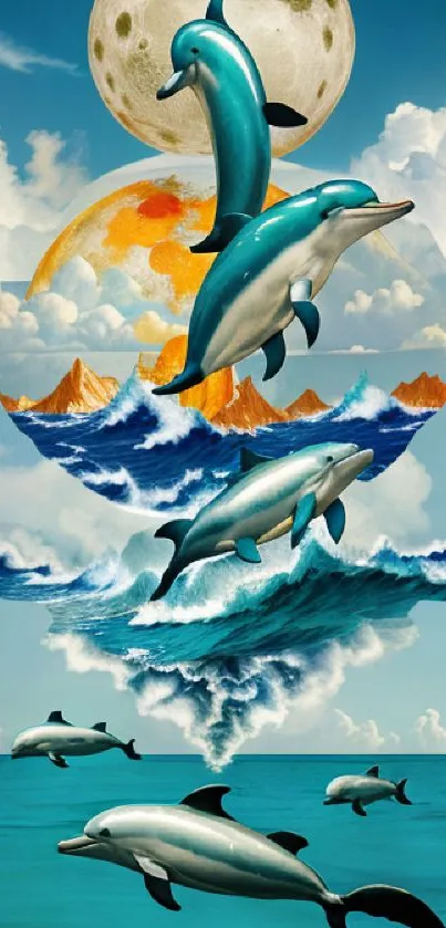 Surreal artwork of dolphins leaping through cosmic waves under a glowing celestial sky.