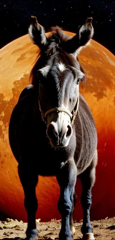 Donkey standing against a large red moon, creating a surreal and cosmic scene.