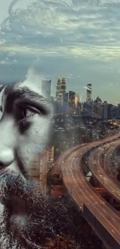 Double exposure of a man's face merged with a cityscape.