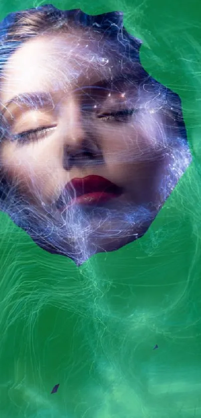 Surreal mobile wallpaper with a woman's face and abstract colors.