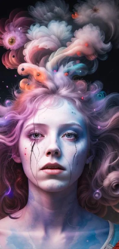 Artistic portrait with flowing hair and pastel colors in a surreal style.