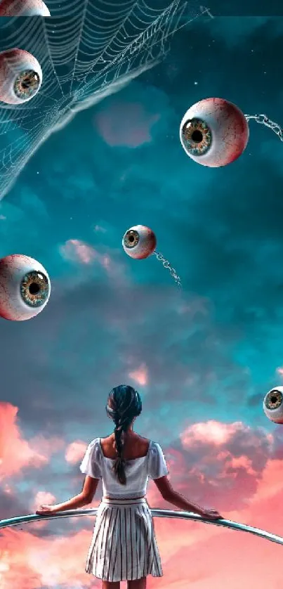 Surreal mobile wallpaper with eyeballs and dreamlike sky.