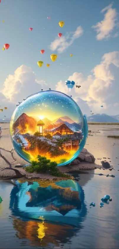 Colorful bubble with village scene and balloons in a serene landscape.