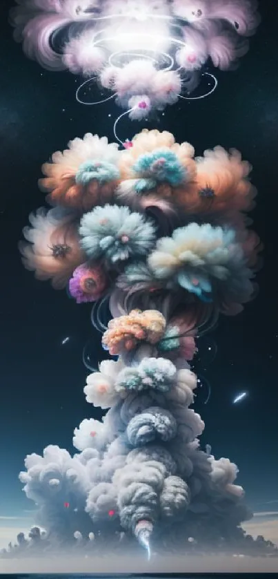 Surreal cloud art above ocean, vibrant colors, mystical dreamscape.