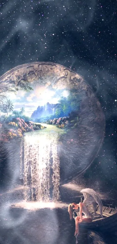 Surreal galaxy wallpaper with a cosmic portal and waterfall in a dreamlike setting.