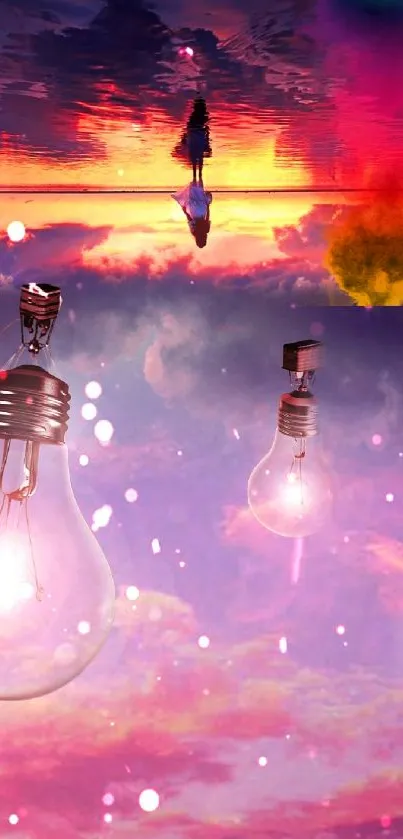 Surreal wallpaper with lightbulbs floating in a vibrant sunset sky.