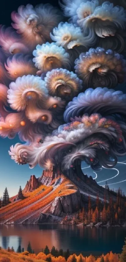 Vibrant surreal clouds over a mystical landscape wallpaper.