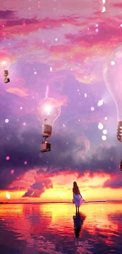 Surreal mobile wallpaper with pink hues, light bulbs, and sunset reflection.