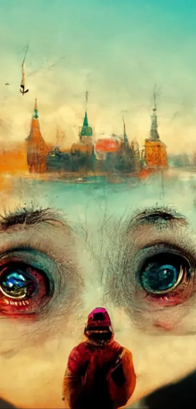 Surreal dreamscape wallpaper with cityscape and eyes.