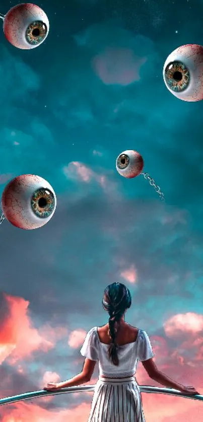 Woman gazes at surreal floating eyeballs against a vivid teal sky.