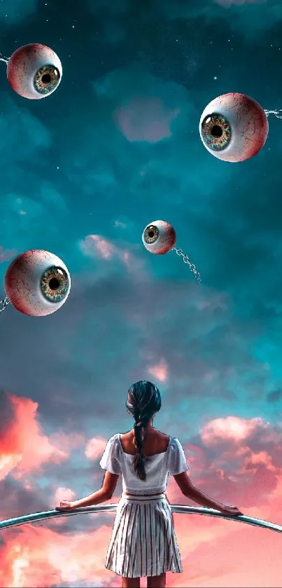 Girl stands under floating eyeballs in a surreal dreamscape sky.