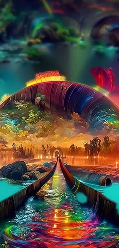 Vivid surreal landscape with rainbow reflections and rich colors.